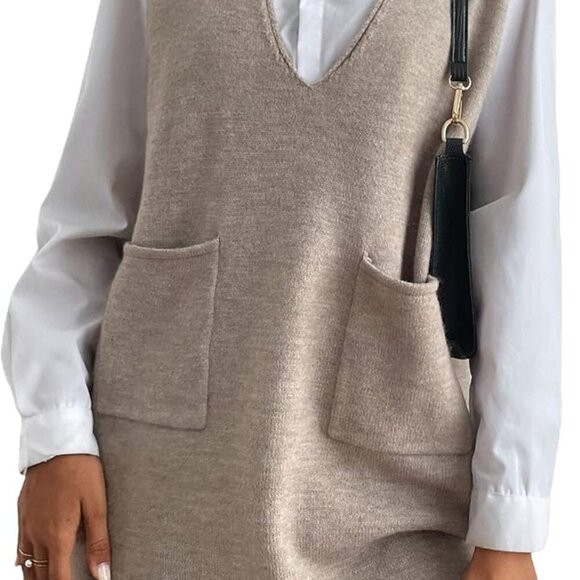 Women's V Neck Sleeveless Knitted Solid Short Sweater Dress with Pockets - Picture 1 of 7